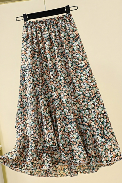 Modern Girl's Floral Printed Summer A-Line High Waist Maxi Skirt