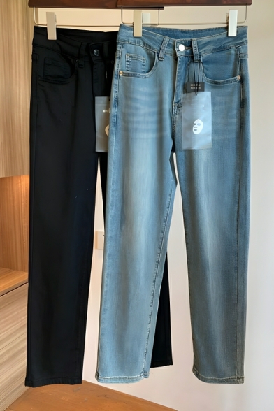 Modern Girl's Pure Color Edgy Looks High Rise Straight Jeans