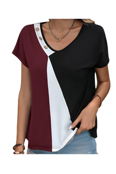 Modern Girl's Simple Patchwork V Neck Short Sleeve Street Looks T-Shirt