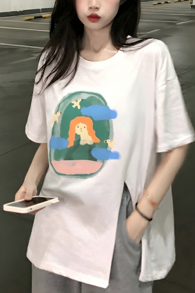 Simple Girl's Cartoon Figure Print Round Neck Short Sleeve T-Shirt