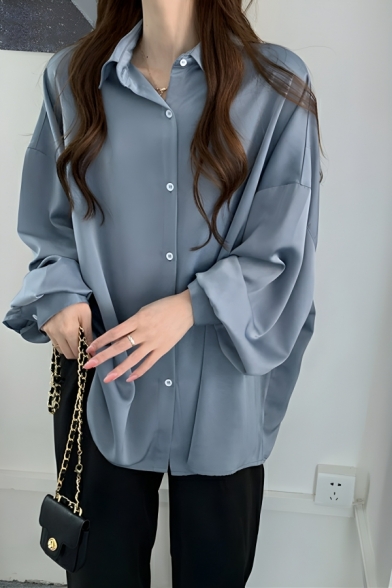 Street Style Girl's Pure Color Chiffon Button Lapel Shirts