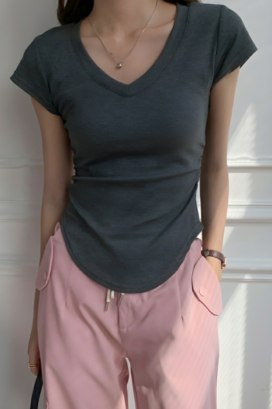 Modern Girl's Simple Pure Color Short Sleeve V Neck Street Looks T-Shirt