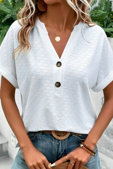 Modern Girl's Simple V Neck Short Sleeve Hollow T-Shirt