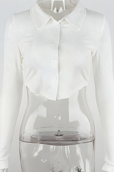 Causal Women’s Plain Lapel Neck Long Sleeve Slim Fitted Polo Shirt in white