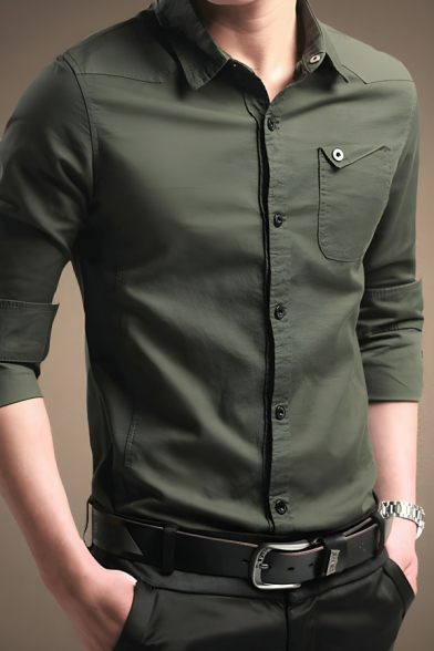 Fashion Men’s Slim Fitted Plain Long Sleeve Lapel Neck Shirt With Pocket