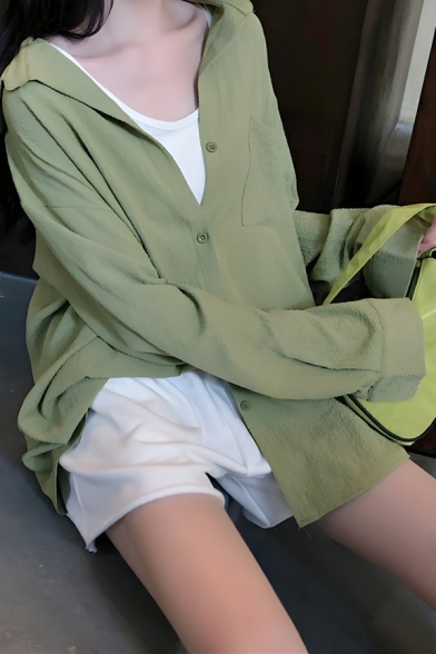 Unique Girl's Pure Color Button Chiffon Lapel Shirts