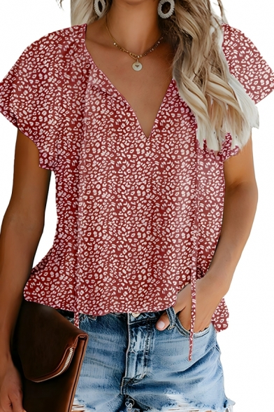 Fancy Women’s Floral Pattern Short Sleeve V-Neck Loose Fitted T Shirt