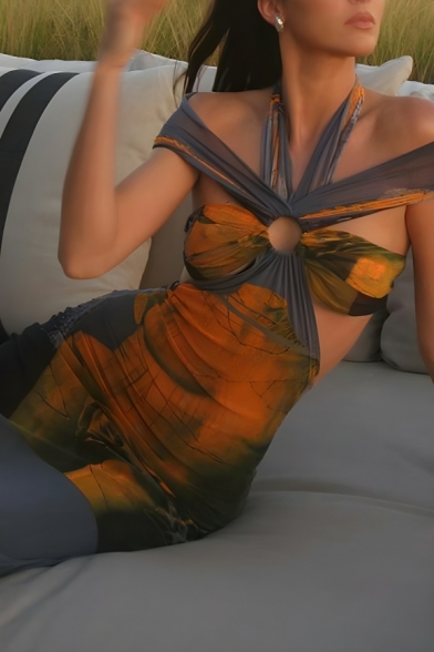 Modern Girl's Color Printed Sleeveless Halter Off The Shoulder Bodycon Dresses