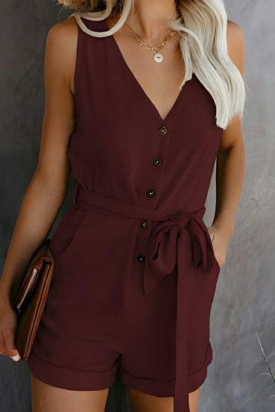 Modern Girl's Pure Color New Summer Street Looks Pocket Rompers
