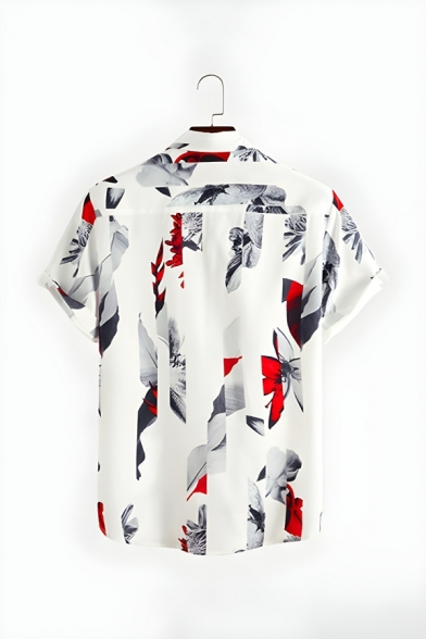 Casual Men’s Printed Lapel Short Sleeve Loose Fit Polyester Button-down Shirt for Beach