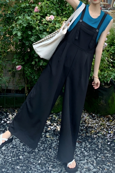 Chic Girl's Pure Color New Summer Street Looks Pocket Suspender Pants