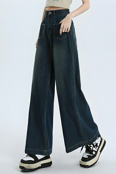 Cool Girl's Pure Color High Rise Street Looks Straight Leg Pants Jeans