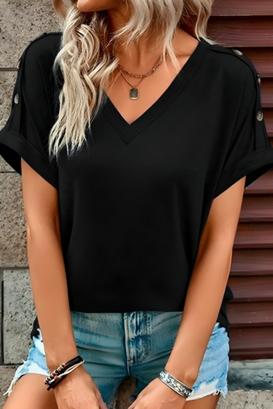 Modern Girl's  Pure Color V Neck Short Sleeve Street Looks T-Shirt