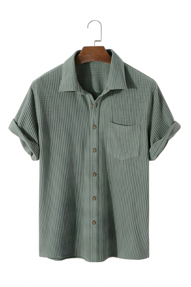 Modern Men’s Plain Lapel Neck Short Sleeve Relax-Fit Button-down Shirt With Pocket