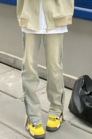 Casual Men’s Plain Pattern Long Length Split Cuff Baggy Jeans