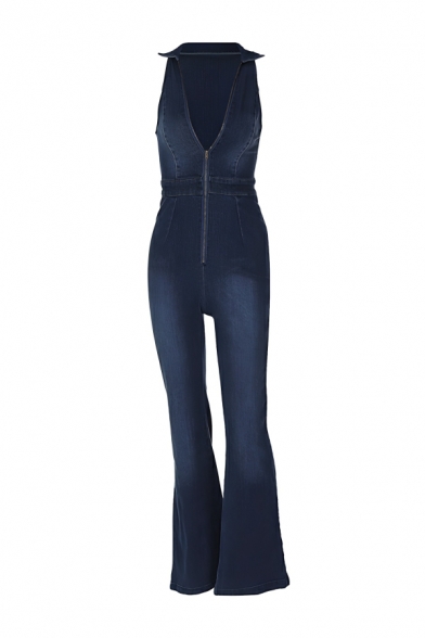 Fashionable Girl's Pure Color Denim Street Looks Pocket Denim Cargo Jumpsuit