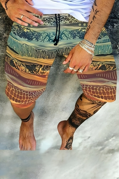 Trendy Men’s Printed Pattern Slim Fit Short Swim Shorts With Drawstring Fastening