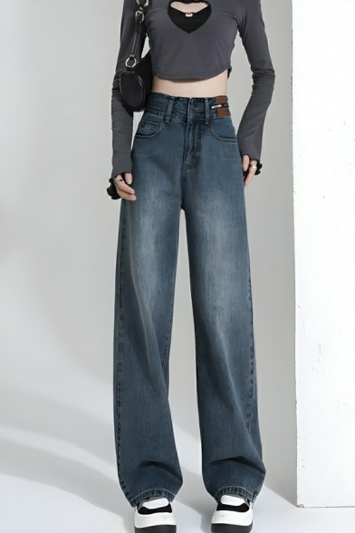 Casual Girl's Pure Color High Rise Street Looks Straight Leg Pants Jeans