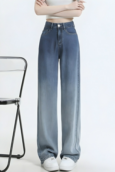Chic Girl's Pure Color High Rise Street Looks Straight Leg Pants Jeans