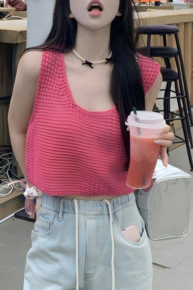 Chic Style Girl's Pure Color Round Neck Knitted Tank