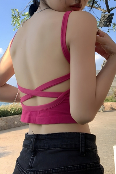 Fashionable Girl's Pure Color Spaghetti Strap Backless Sexy Tanks