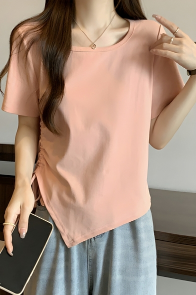 Modern Girl's Simple Whole Color Round Neck Short Sleeve Street Looks T-Shirt
