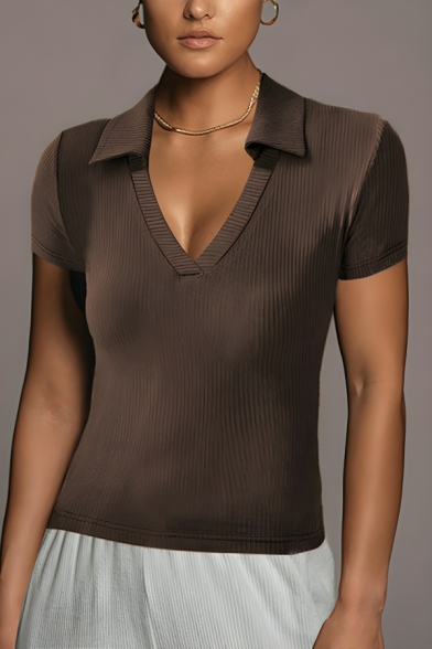 Fashionable Girl's Simple Pure Color Short Sleeve Lapel Polo Shirt