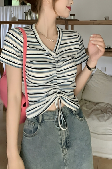 Modern Girl's Stripe Printed Summer V-Neck Short Sleeve T-Shirts