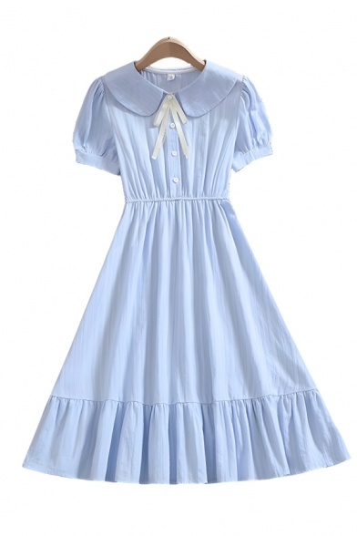 Modern Girl's Pure Color Peter Pan Collar Short Sleeve A-Line Dresses