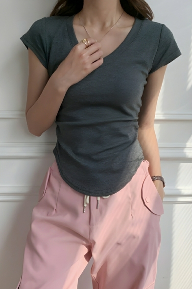 Modern Girl's Simple Pure Color Short Sleeve V Neck Street Looks T-Shirt