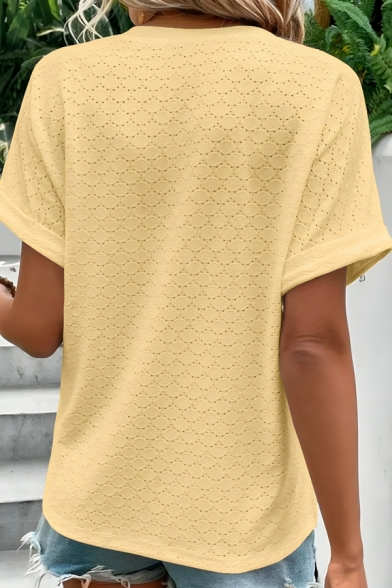Modern Girl's Simple V Neck Short Sleeve Hollow T-Shirt