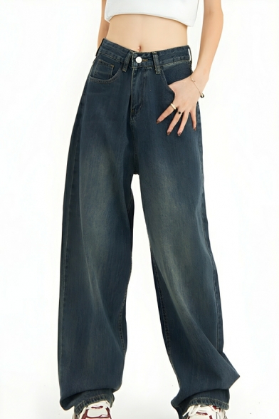 Retro Girl's Pure Color High Rise Street Looks Straight Leg Pants Jeans