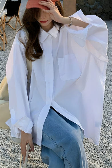 Chic Girl's Pure Color Long Sleeve Button Lapel Shirt