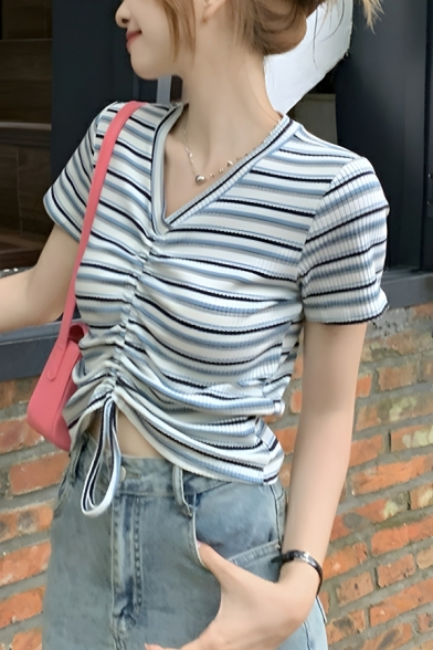 Modern Girl's Stripe Printed Summer V-Neck Short Sleeve T-Shirts