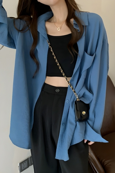 Street Style Girl's Pure Color Button Long Sleeve Shirts