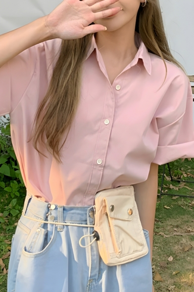 Street Style Girl's Pure Color Short Sleeve Button Lapel Shirts