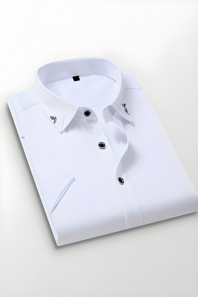 Trendy Men’s Slim Fitted Plain Short Sleeve Lapel Neck Shirt With Pocket