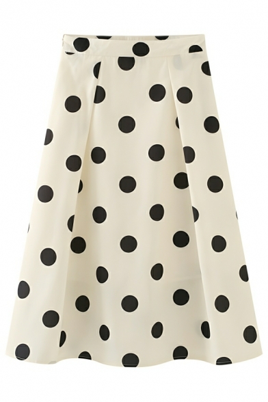 Modern Girl's Black Spot Printed Midi Gentle Temperament A-Line Skirts