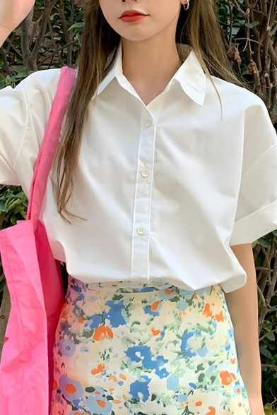 Street Style Girl's Pure Color Short Sleeve Button Lapel Shirts
