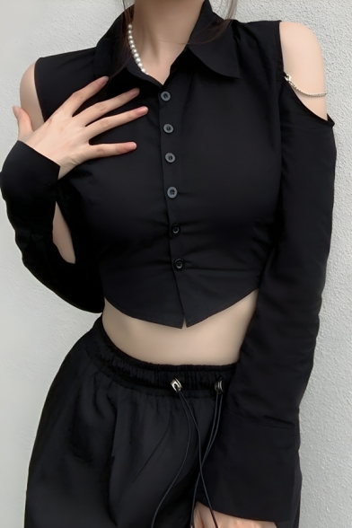 Exclusive Women’s Plain Long Sleeve Lapel Neck Shirt With Button Down