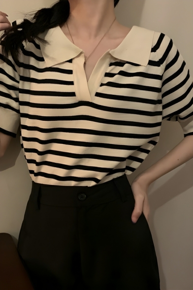 Feminine Girl's Stripe Printed Summer V Neck Short Sleeve Polo Shirt
