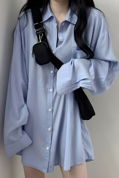 Street Style Girl's Pure Color Button Long Sleeve Shirts
