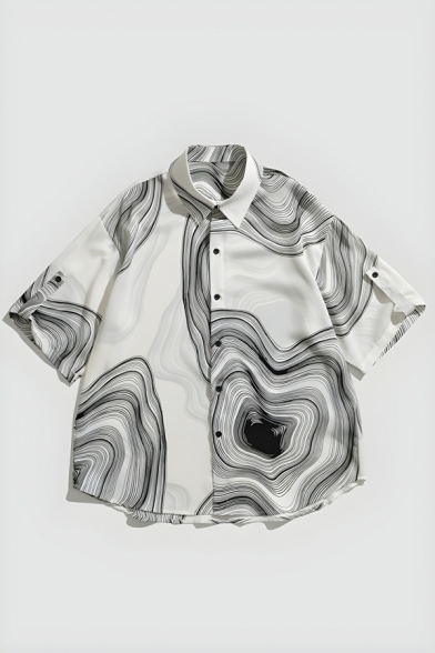 Trendy Men’s Relax Fit Geometric Pattern Lapel Neck Short Sleeve Button-down Shirt