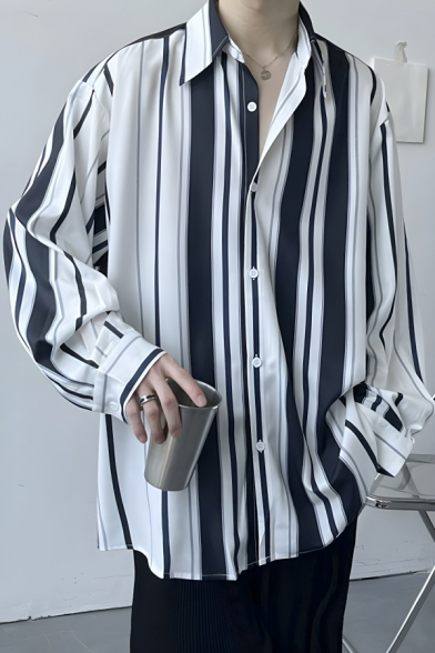 Trendy Men’s Relax Fitted Striped Long Sleeve Lapel Neck Button-down Shirt