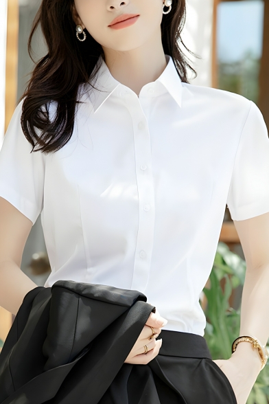 Girl Urban Solid Color Short Sleeve Lapel Straight Button-dowm Shirt
