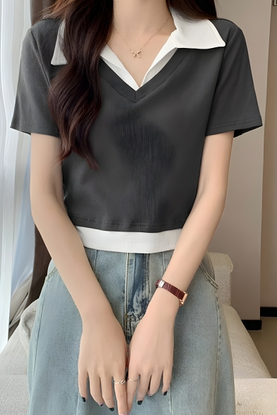 Creative Girl's Lapel Collar Short Sleeve Summer Fake Two Polo Shirt