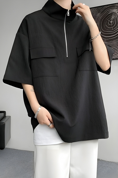 Creative Solid Color Mid-Sleeve Autumn Half-Zip Boys Polo Shirt