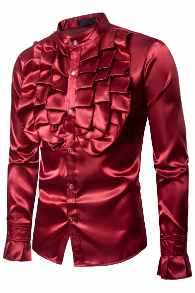 Retro Men's Glossy Large Lace Solid Color Long-sleeved Shirt