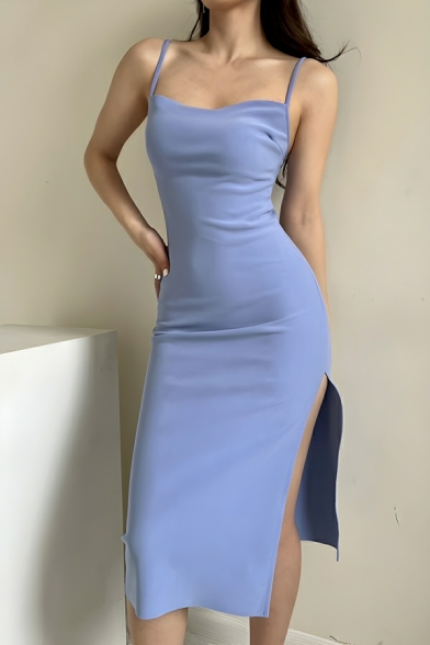 Women Fashionable Solid Color Sexy Slim Flat Open Slit Sling Dress