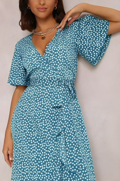 Women's Fashionable Polka Dot Pattern Sexy Slim Slit Short Sleeve Dress